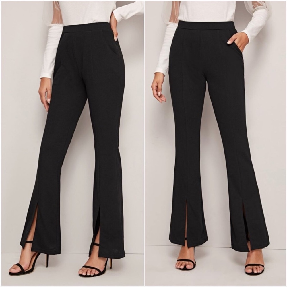Black Slit Hem Flared Bootcut Classic Dress Pants XS S M L XL